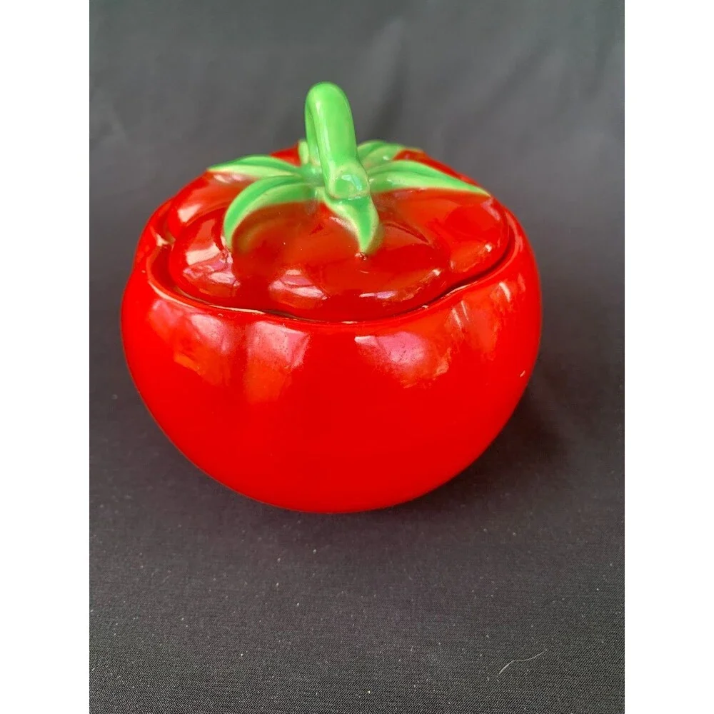 1940's Vintage Pantry Parade Ceramic Tomato Lidded Condiments Jar Retro w/Spoon